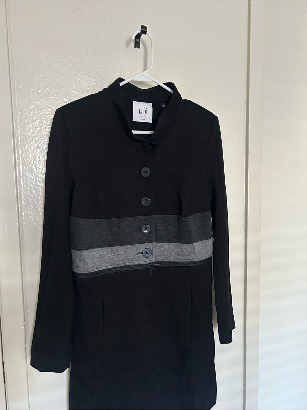 CAbi Black Trench Coat with Gray Banding